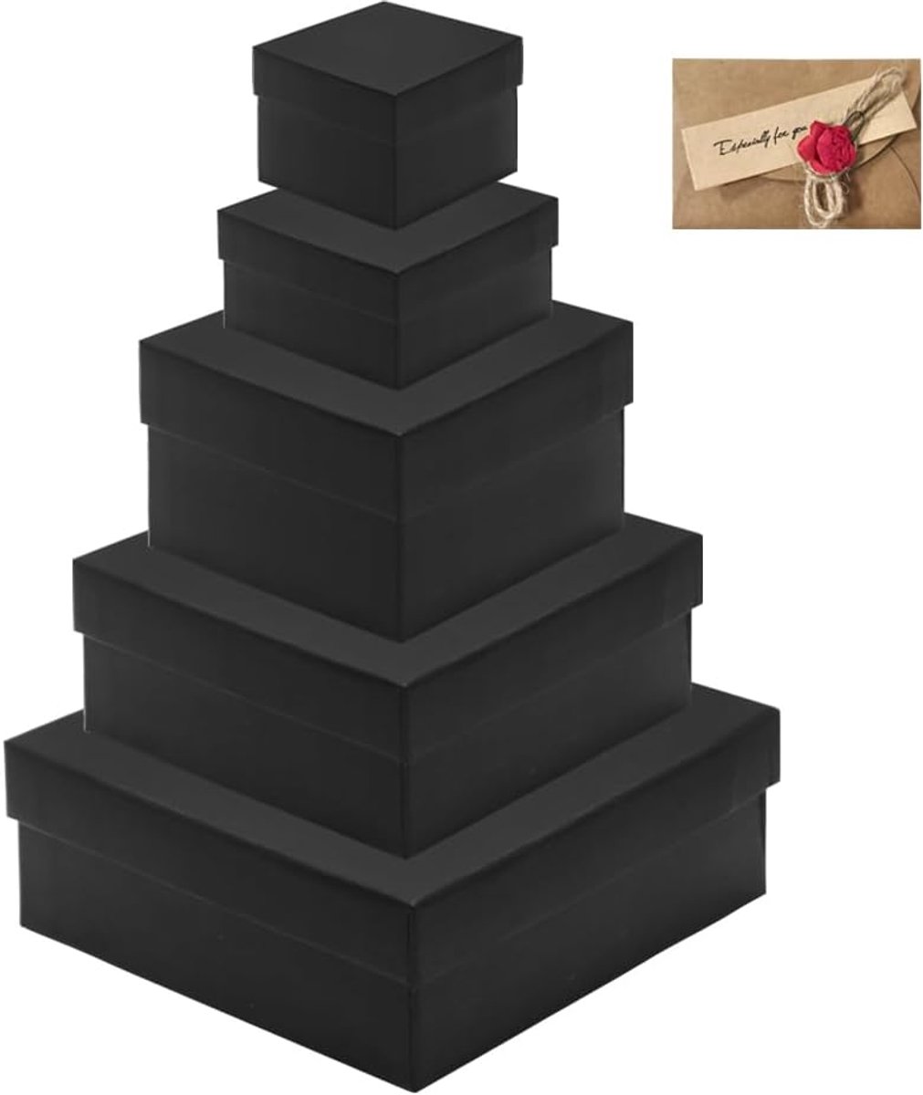SnelShoppen - Set van 5 Vierkante Geschenkdozen Zwart met Deksel 7-15 cm - Karton - Perfect voor Feestjes, Cadeaus en Verpakkingen - Inclusief Wenskaa