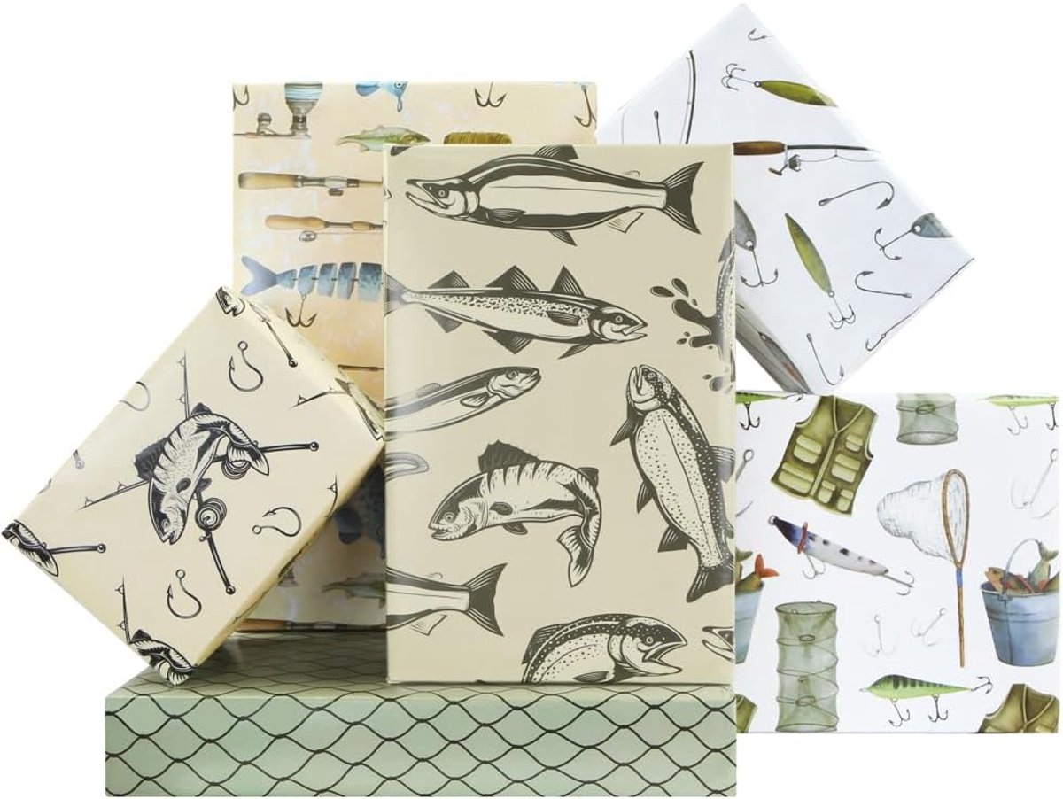 SnelShoppen - Cadeaupapier voor Vissen, Vintage Design, Gone Fish-Accessoires, 6 Vellen Inpakpapier 50x70 cm, Perfect voor Vissers, Verjaardag en Fees