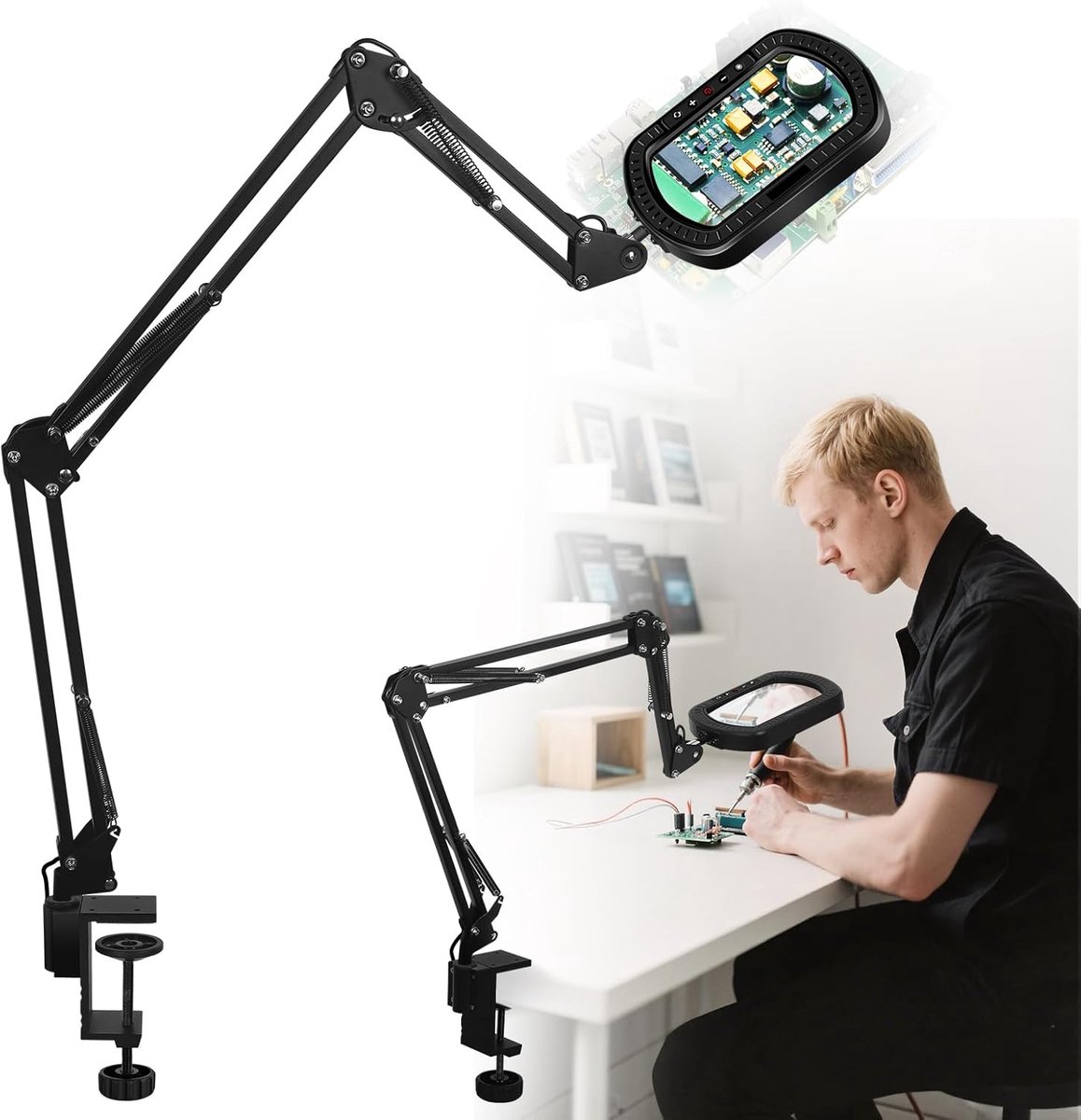 SnelShoppen - Vergrootglas met 3 Armen en Dimbare LED Licht - Loeplamp voor Knutselaars en Makers - Vierkante Glazen Lens - Stabiele Metalen Arm voor