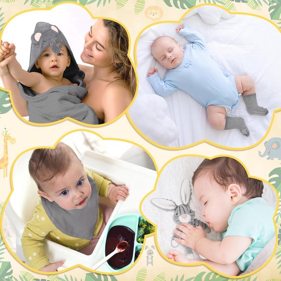 SnelShoppen - Luiertaart Baby Cadeauset Neutraal - 9-delige Pasgeborenen Set met Grijs Pluche Konijn, Houten Rammelaar, Babydekens, Sjaal, Speelgoed, — afbeelding 3