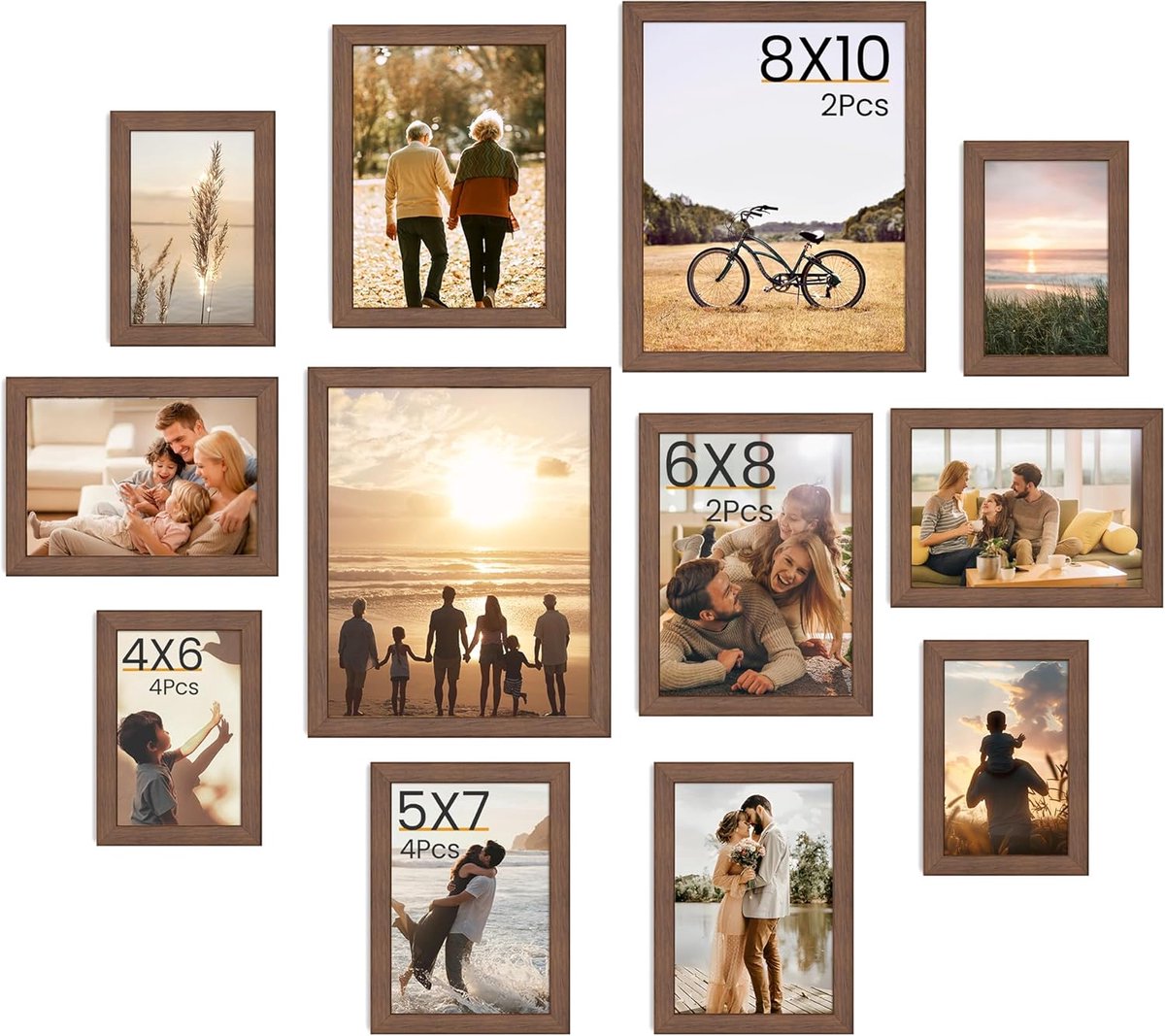 SnelShoppen - Set van 12 Walnoot Fotolijsten van WPC-Kunststof - Wand- & Tafellijsten - Diverse Maten 10x15, 13x18, 15x20, 20x25 cm - Verticaal & Hori