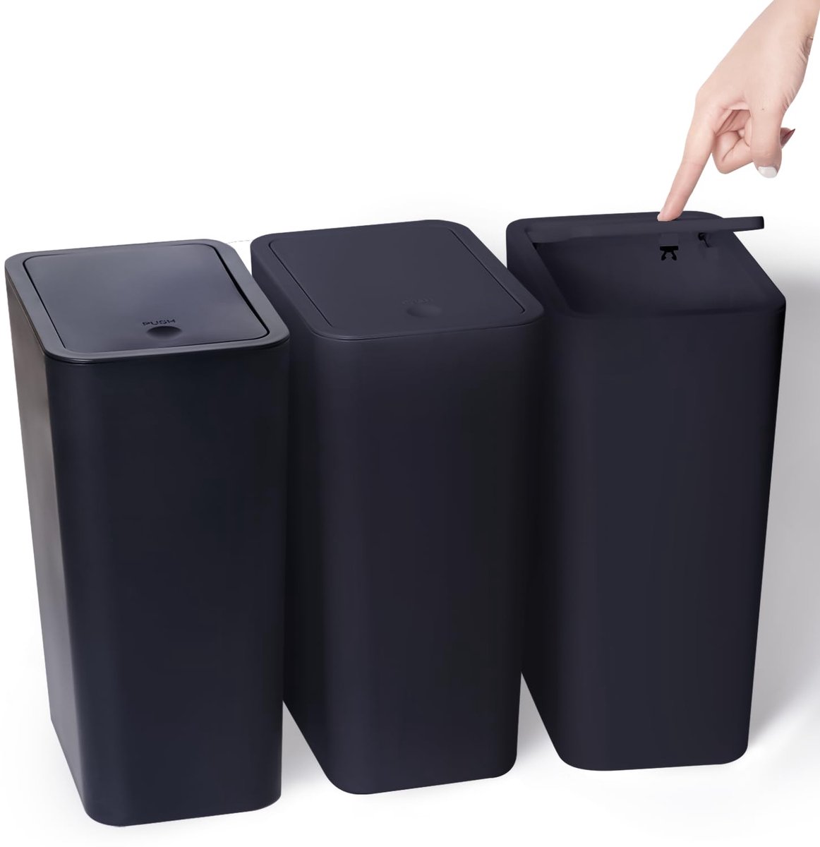 SnelShoppen - Set van 3 Kleine Vuilnisemmers met Deksel - 10 Liter Afvalemmer met Drukdeksel - Ideaal voor Badkamer, Keuken, Kantoor, Slaapkamer - Zwa