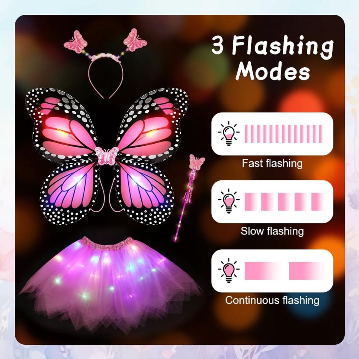 Feeënkostuum voor meisjes, 4-delige set, glinsterende vlinderkostuums, verlichte tuturok, vlindervleugels, haarband, toverstaf, feeënkostuum voor Kerstmis, carnaval, cosplay