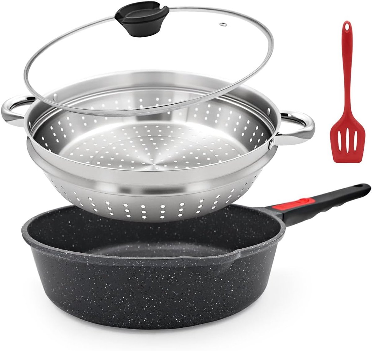 koekenpan met stomer, 28 cm anti-aanbak sauteerpan met deksel en afneembaar handvat, compatibel met alle kookplaten, ovenbestendig, PFOA PFOS-vrij - zwart