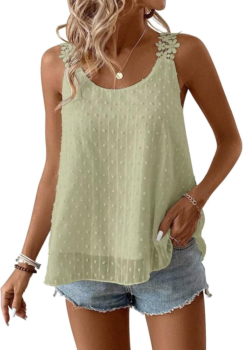 Tank Tuniek Grote Maten Zomer Boho Blouse Mouwloze Bloemen Camisole Top Dames Schattig Tops Vloeiend Elegant Volant Paspel Kant Ronde Hals Herfst Lente Rousjes Casual Outfits Saliegroen 3XL