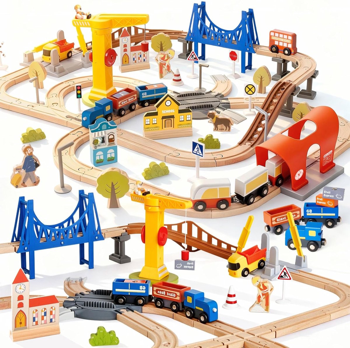 railset 'Moderne stadspoor Speelgoed Trein Systeem Rails, Wagens, Bruggen, Kraan, Perron en Meer - 94 Delig Houten Treinset Houten Speelgoed vanaf 3 Jaar