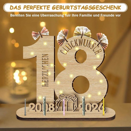 2026 18e verjaardagscadeau houten bord met led-gastenboek, geldcadeau, verjaardag, vrouwen en mannen, verjaardagsdecoratie, cadeaus voor 18e verjaardag, personaliseerbaar cadeau — afbeelding 3