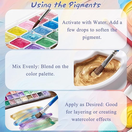Verfset, metallic waterverf, effen glitter waterverfdoos, parelmoerachtige meta-llic aquarelverf, draagbare glitter aquarelverf voor kunstenaars en schilders — afbeelding 3