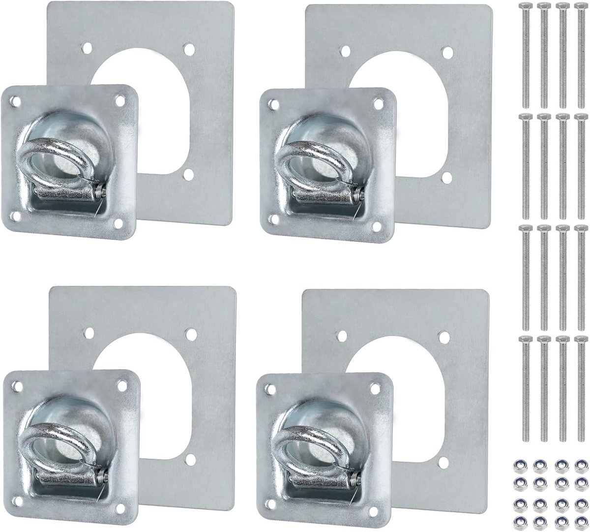 4 stuks sjorogen voor aanhangers met tegenplaat en schroeven, sjorren, ophangogen, verzinkte sjorogen, 800 kg, zware belasting, sjorogen voor het vastzetten van de lading, set sjorpunten voor