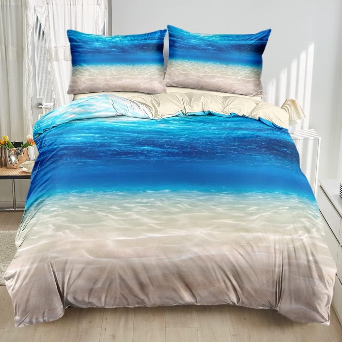 Strandbeddengoedset, 135 x 200 cm, oceaan, zee, strand, digitale 3D-print, dekbedovertrek, 2-delig, microvezel, dekbedovertrek met ritssluiting en 1 kussensloop 80 x 80 cm