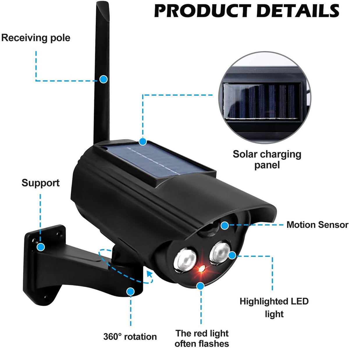 SnelShoppen - 4 stuks dummy camera op zonne-energie voor buiten, met knipperend LED-licht, fake beveiligingscamera voor garages, achtertuinen en huisd