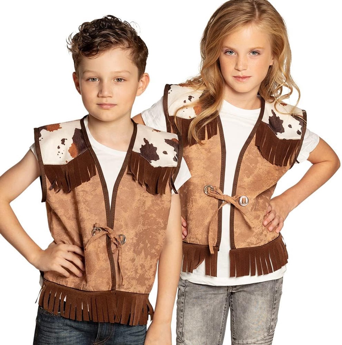 - Unisex gilet Wild West lederlook met franjes en koeienvlaaien, voor cowboy of rodeorijder, kostuum, themafeest, carnaval