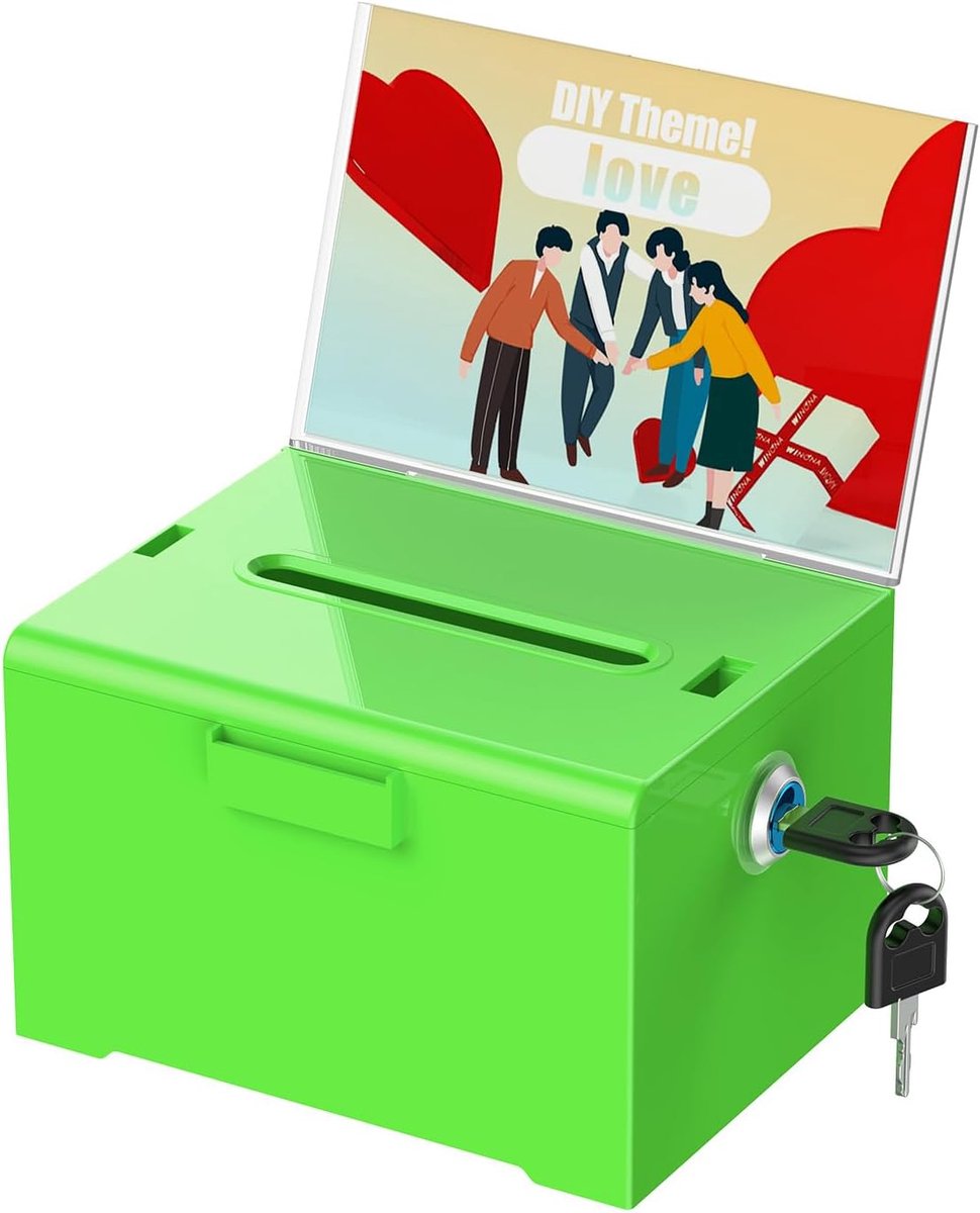 groene acryl spaarpot met slot en gleuf, 16 x 12,7 x 10 cm | Acryl kiezenurn met bordhouder en gleuf, voorsteldoos, drinkgeldglas, geldcassette voor fondsenwerving, tombola