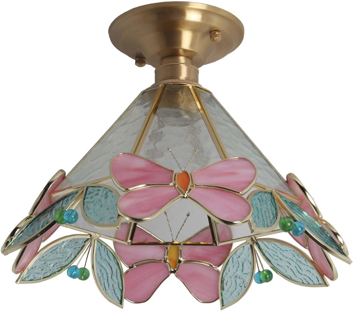 L30997 Plafondlamp met vlinder- en bloemmotief in Tiffany-stijl, gebrandschilderd glas, 31 cm breed.