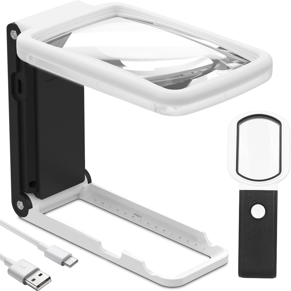 Vergrootglas met licht en standaard, 10 x en 25 x vergroting, inklapbare staande loep met 9 leds, uv-licht, meetschaal, leesloep voor handwerk, juweliers, munten, modelbouw, senioren