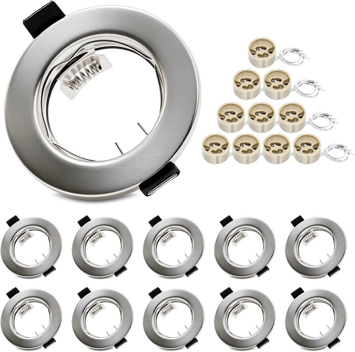 Set van 10 ronde inbouwspots GU10 - Geborsteld Nikkel inbouwframe met fitting, geschikt voor boorgaten Ø55-70mm. Ideaal voor LED- en halogeenlampen. Eenvoudige installatie en moderne uitstraling.