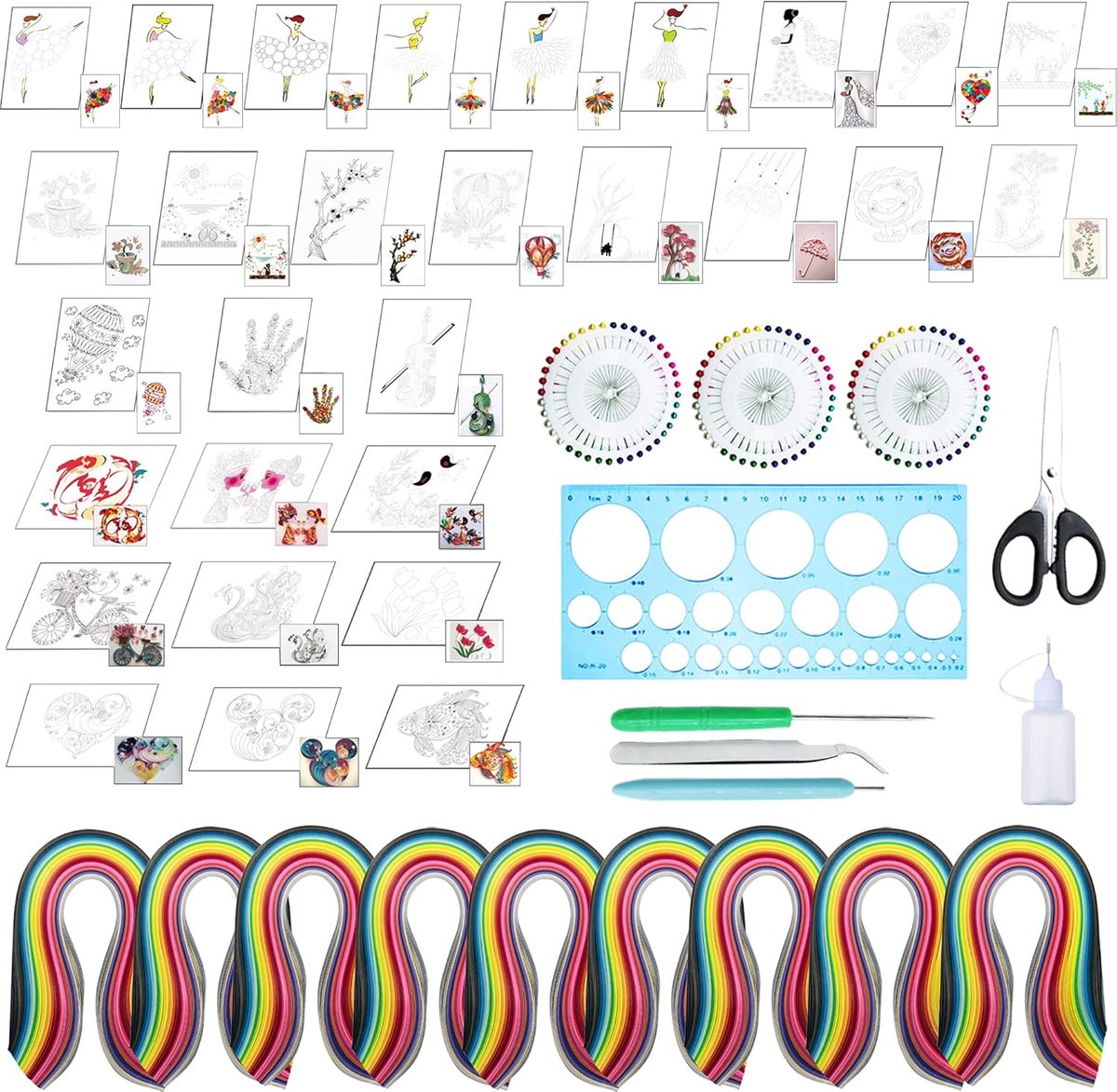 48 stuks papieren quilling kits, sjablonen voor het opvullen van papier, sjablonen, papier, quilten, papier, patches, manuscript, gereedschap maken voor decoratieve kaarten, muurkunst