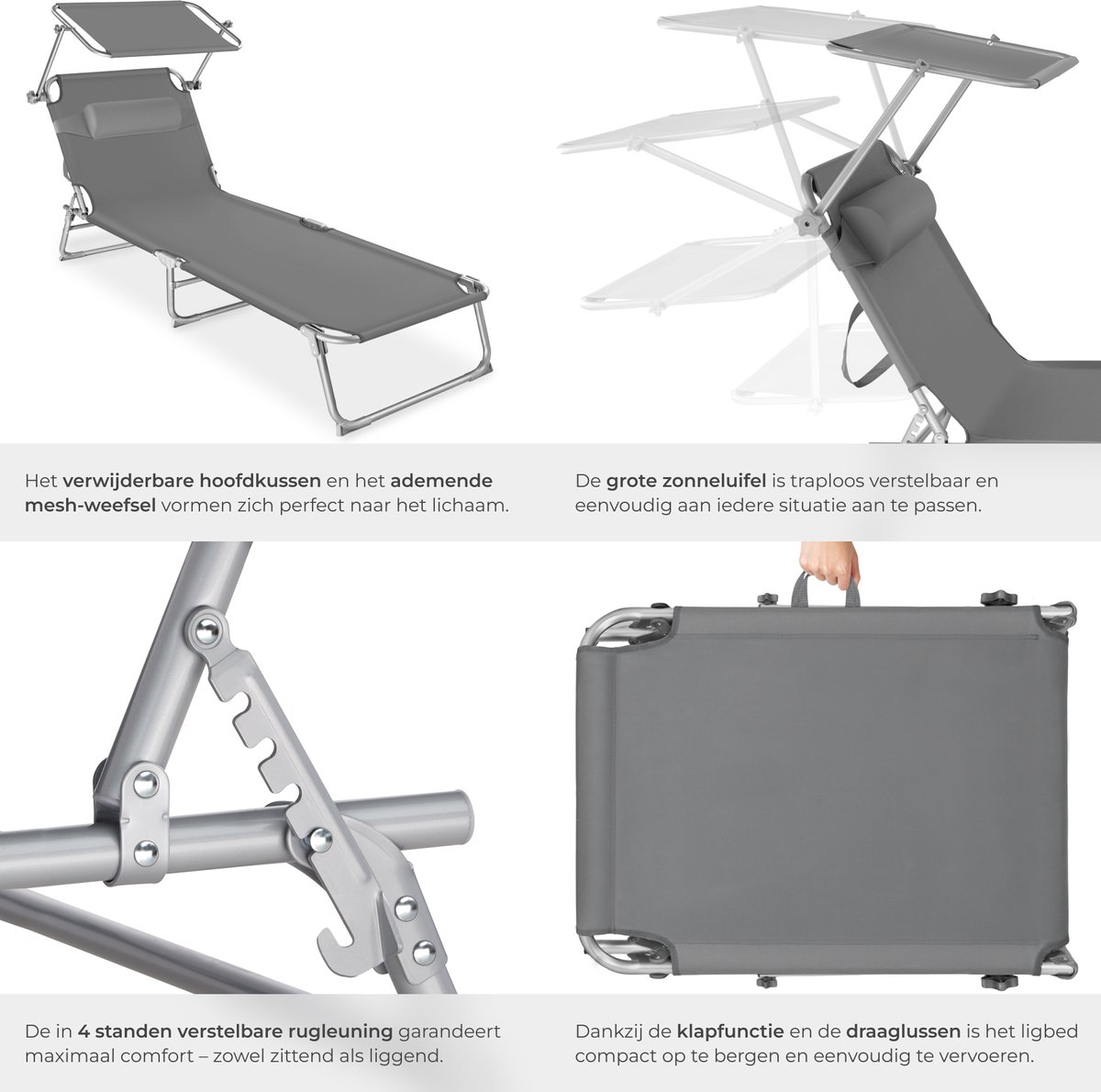 tectake® Ligstoel met Zonnescherm - Opvouwbaar Ligbed - Zonnebed met Verstelbare Rugleuning in 4 Standen - Inclusief Hoofdkussen - Strandstoel voor Buiten - Ideaal voor Tuin, Zwembad, Camping - Grijs — afbeelding 7