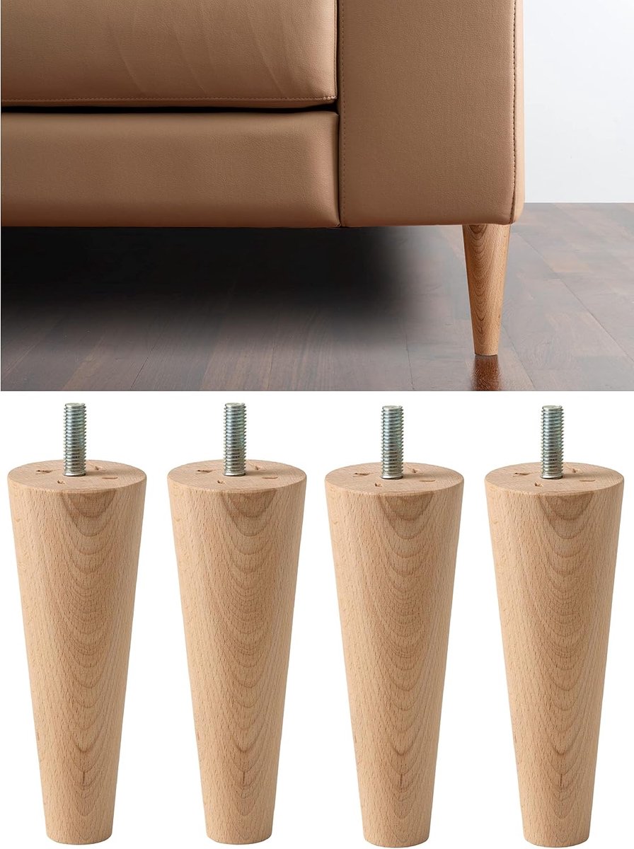 Poten voor meubels en banken, hoogte 16 cm, van onbehandeld hout, Made in Italy, kegelvorm, set van 4 poten voor kasten, fauteuils, bed, 160 mm, poten van beuken, lichte kleur