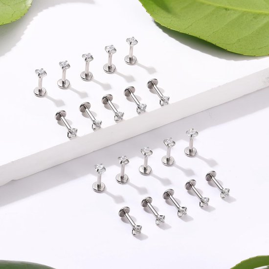 Labret-piercing sieraden van 316L chirurgisch staal, labret-staafjes met CZ-knopje van 3 mm, tragus-, helix-, kraakbeen- of neuspiercing, zilver- of goudkleurige, verticale labret-piercing — afbeelding 4