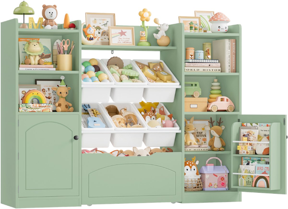 Kinderen Boekenkast – Voor Kinderkamer – Met 15 Planken, 6 Opbergboxen & 1 Lade – Wit 140x33x108,2 cm