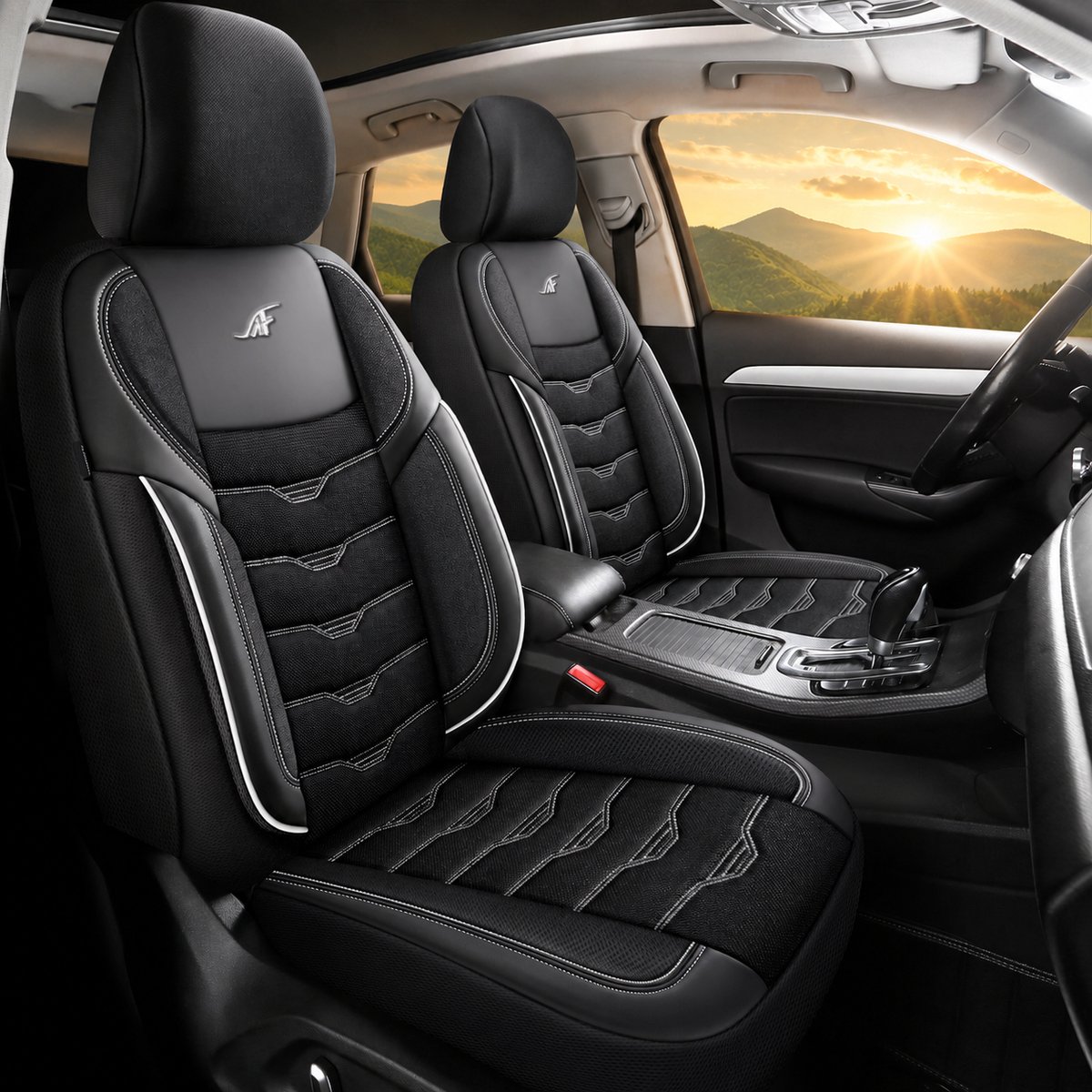 Autostoelhoezen voor BMW X4 G02 in pasvorm| Set van 2 stuks | Bestuurder + Passagiersstoel AID Serie | AID503 | Zwart met witte stiknaden