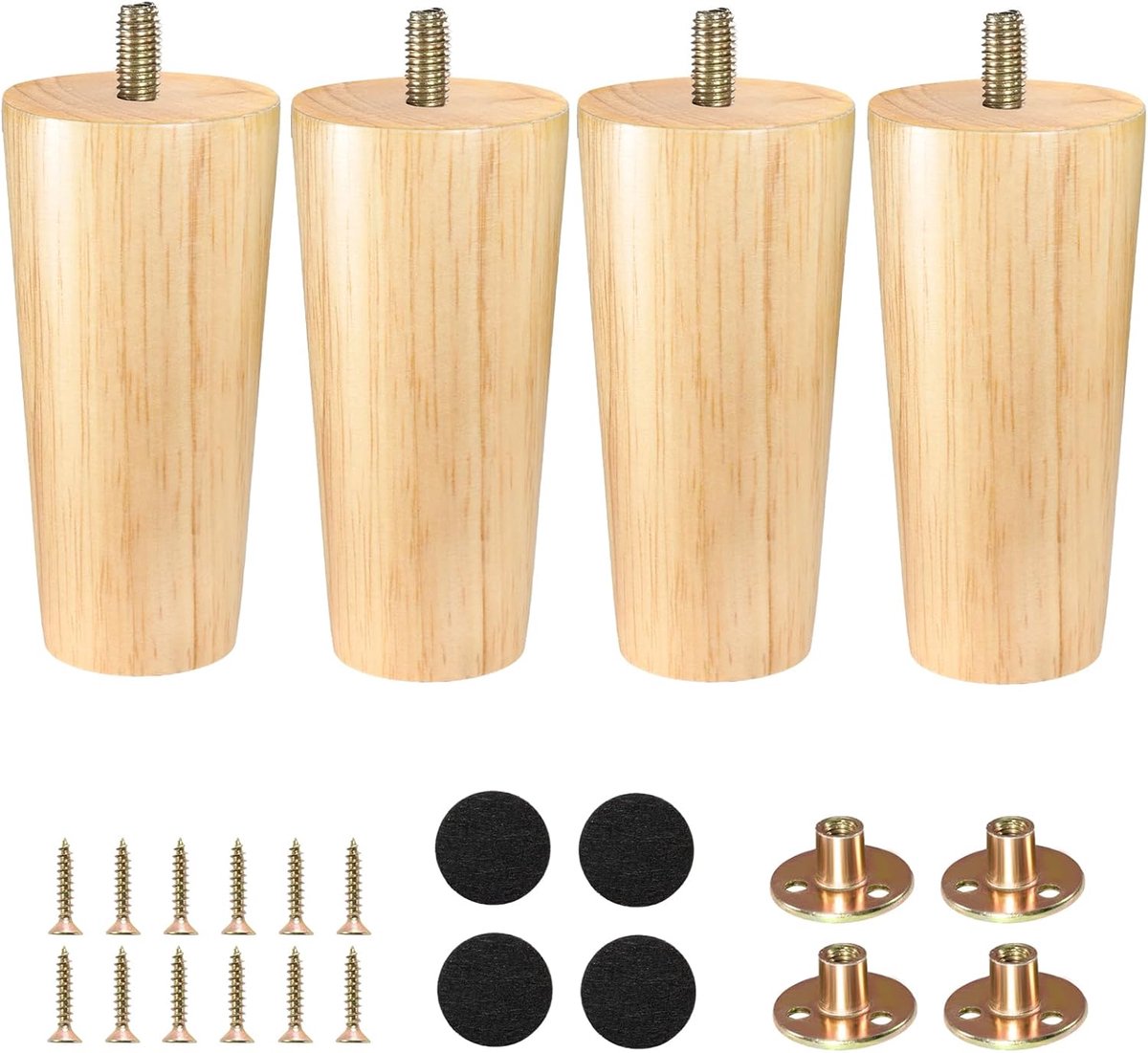 Poten van hout, 4 stuks, conische vervanging, 12 cm, kastpoten met montageplaat, tafelpoten met viltglijders, meubelpoten voor bank, bed, commodekast, tv-kasten, badkamerkast