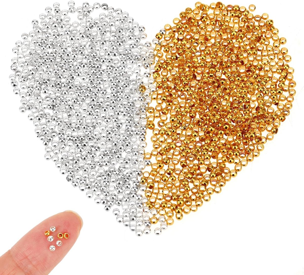 Kralen, 2 mm, ronde krimpparels, gladde ronde bedelparels, krimpuiteinde, spacer, stopperkralen voor oorbellen, halskettingen, doe-het-zelf sieraden maken (zilver, goud)