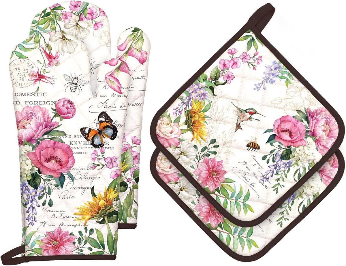 Ovenwant en pannenlappen, bloemen, vlinders, set van 4, 100% katoen, hittebestendige keukenhandschoen voor koken, bakken, grillen, cadeau