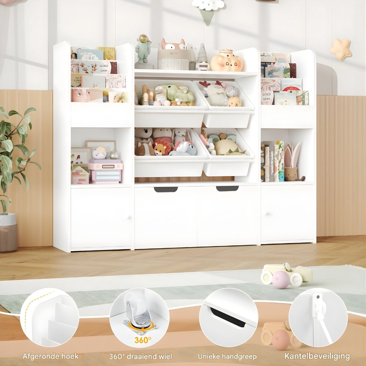 Toy Storage Unit – Voor Kinderkamer en Speelkamer – Boekenkast met 4 Grote en 2 Kleine Boxen, 13 Planken – Wit MDF 126x30x104cm