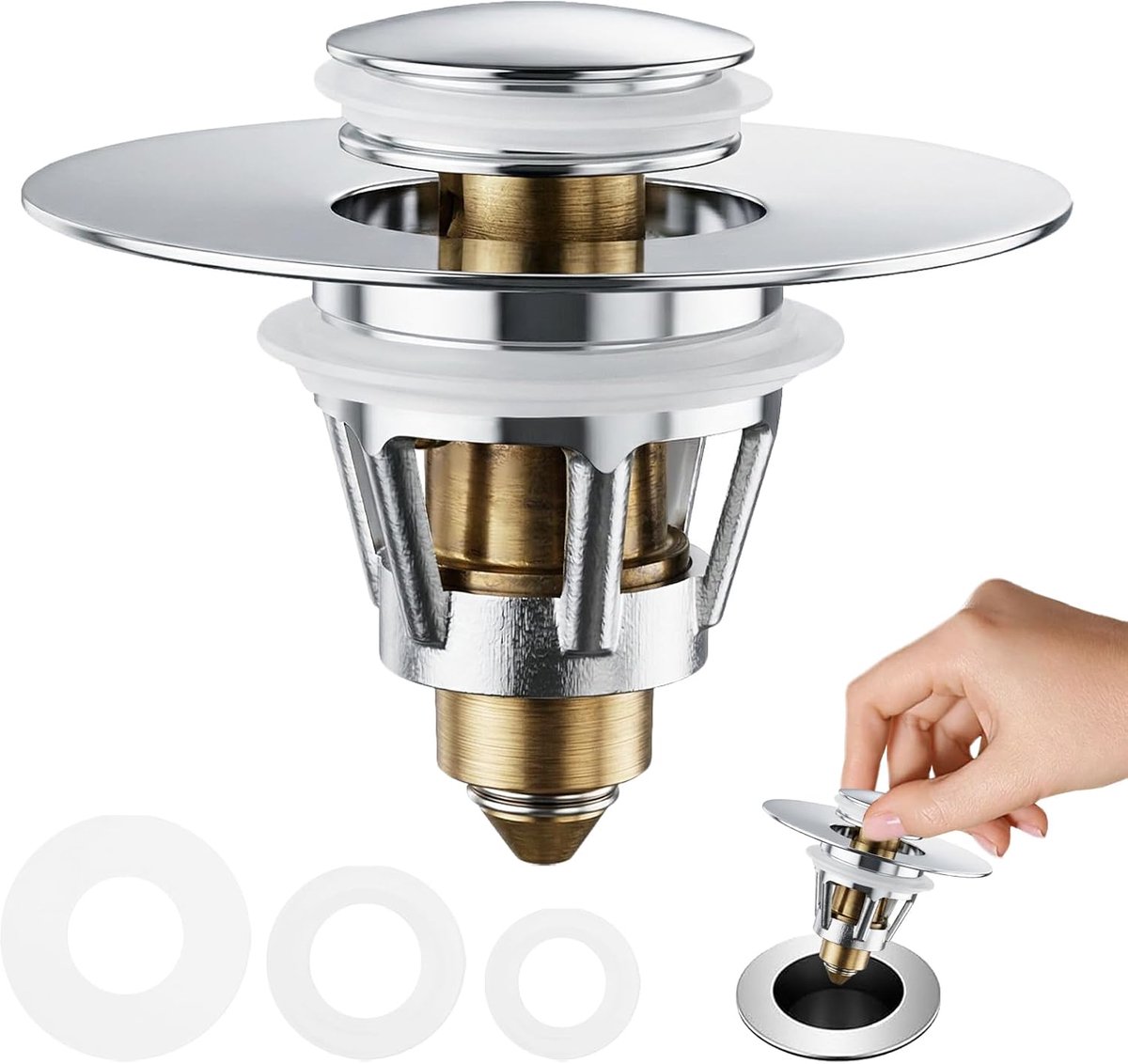 gootsteenstop, pop-up afvoerventiel, roestvrijstalen afvoerstop met zeef, anti-verstoppingsfilter, afvoerzeef, stop voor gootsteen, keukenspoelbak, badkuip, 26-42 mm afvoergaten