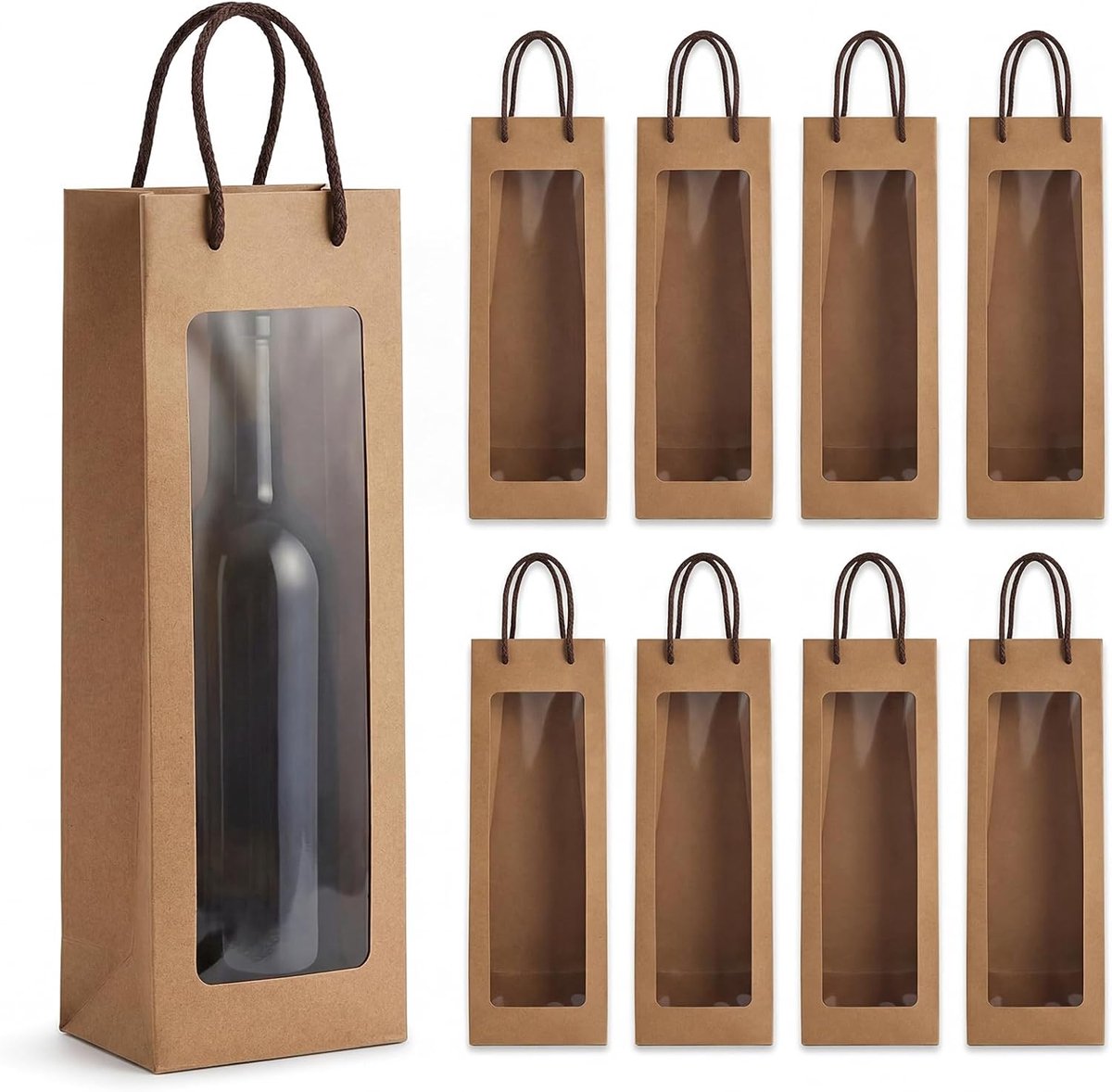 8 Stks Wijnfles Zakken Gift, Kraftpapier Wijn Gift Zakken met Handvat | Herbruikbare draagtas met doorzichtig venster voor verjaardagen, jubilea, winkelen, kerstfeest (9,7 x 9,5 x 33,78 cm)