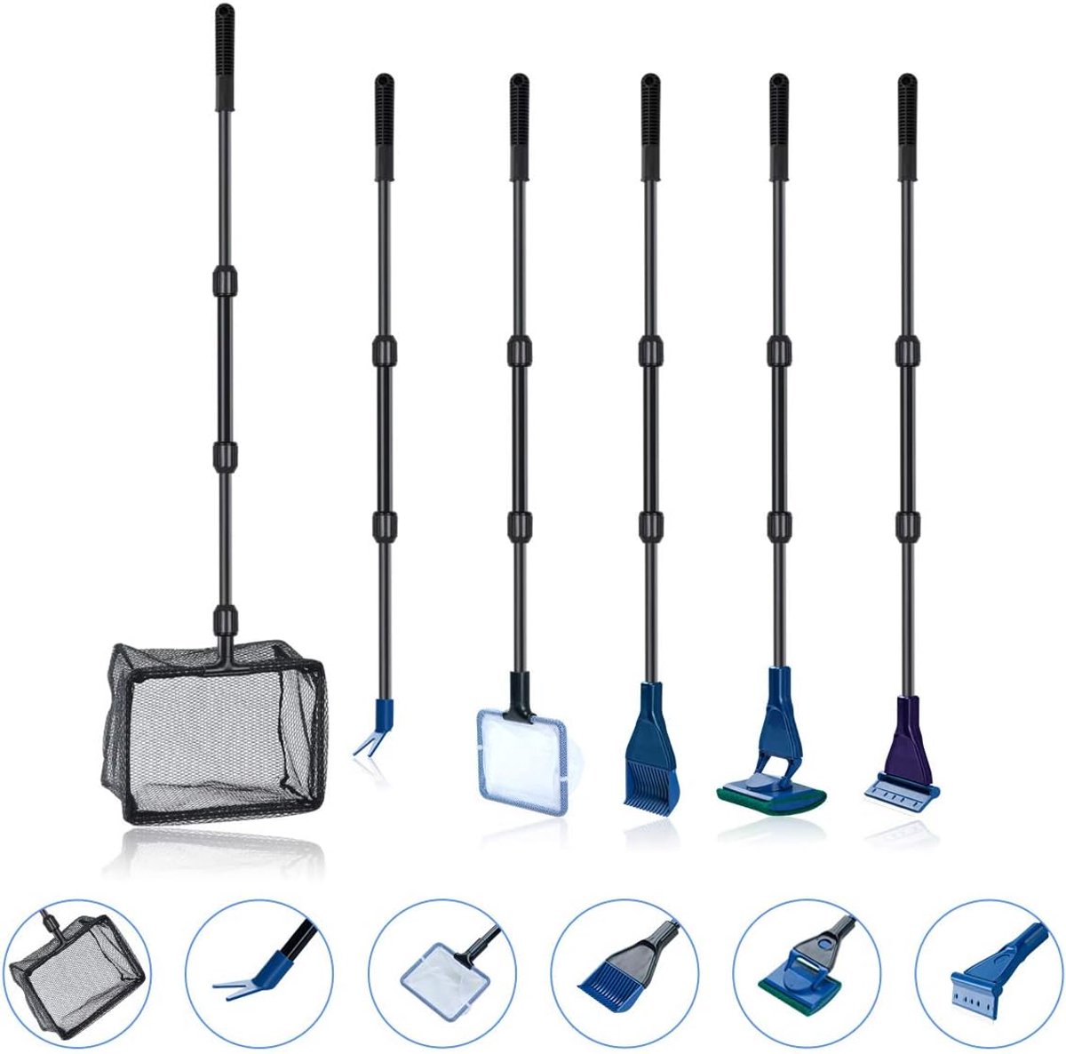 6-in-1 aquariumreinigingsset met visnet, lepelnet, grindhark, plantenvork, schraper, spons, connector