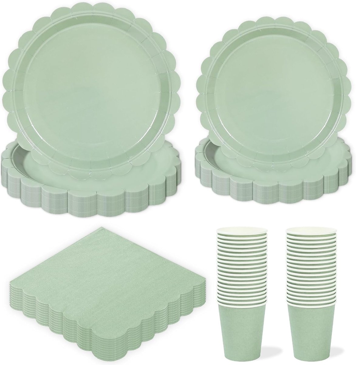 96 stuks Sage Green Paper Plates en Servietten,24 gasten Wegwerpborden Set Inclusief Groene Partij Platen Kopjes en Servietten, Wegwerp Tafelgerei voor Verjaardag Baby Shower Decoraties Party Supplies