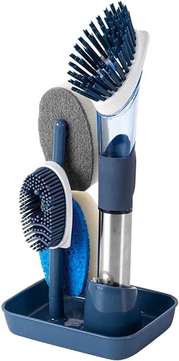 Afwasborstelset met 4 multifunctionele koppen en handvat Zeepdispenser Afwasborstel Afwasborstels Spons voor Pot Pan Afwas Spoelbak Keuken Schoonmaken
