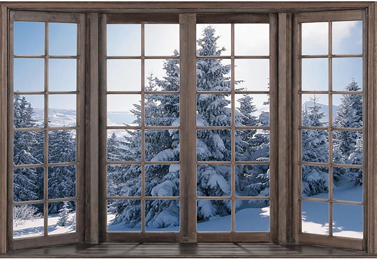 2,2 x 1,5 m Winterlandschap Achtergrond Raamweergave Kerst Sneeuw Bomen Landschap Fotografie Achtergrond Baby Kinderen Party Decoraties Portret Cake Tafel Banner, Vinyl