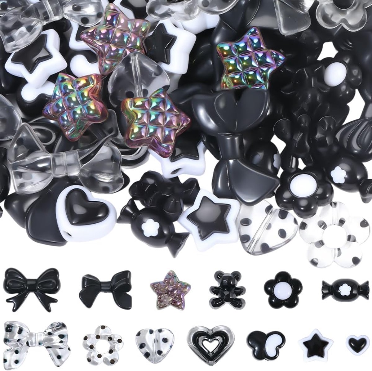Kralen voor sieraden maken zwarte strik bloem ster hart snoep schattige esthetische kralen handgemaakte geschenken voor doe-het-zelf ketting armband oorbel