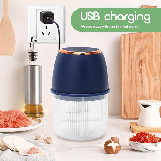 Mini-hakmolen, 350 ml, elektrische groentesnijder, uiensnijder, kleine uiensnijder voor uien, fruit, noten, vlees, knoflook, babyvoeding (donkerblauw) — afbeelding 2