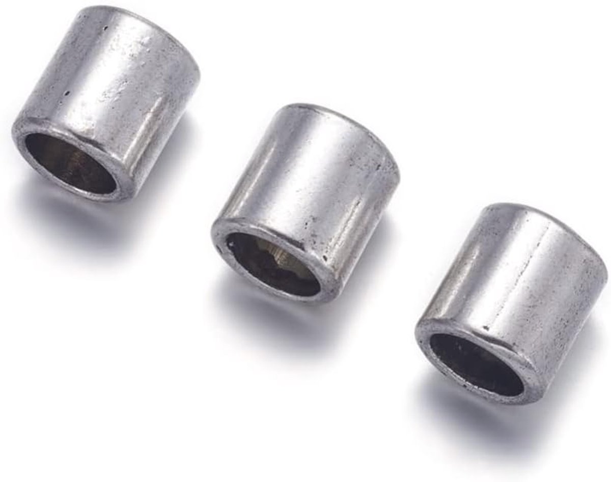 Kralen, buis/buiskralen, 6 mm groot gat, spacer-set, 9 x 8 mm, zilver, losse tussenkralen, tussenstukken voor paracord, leren band, band