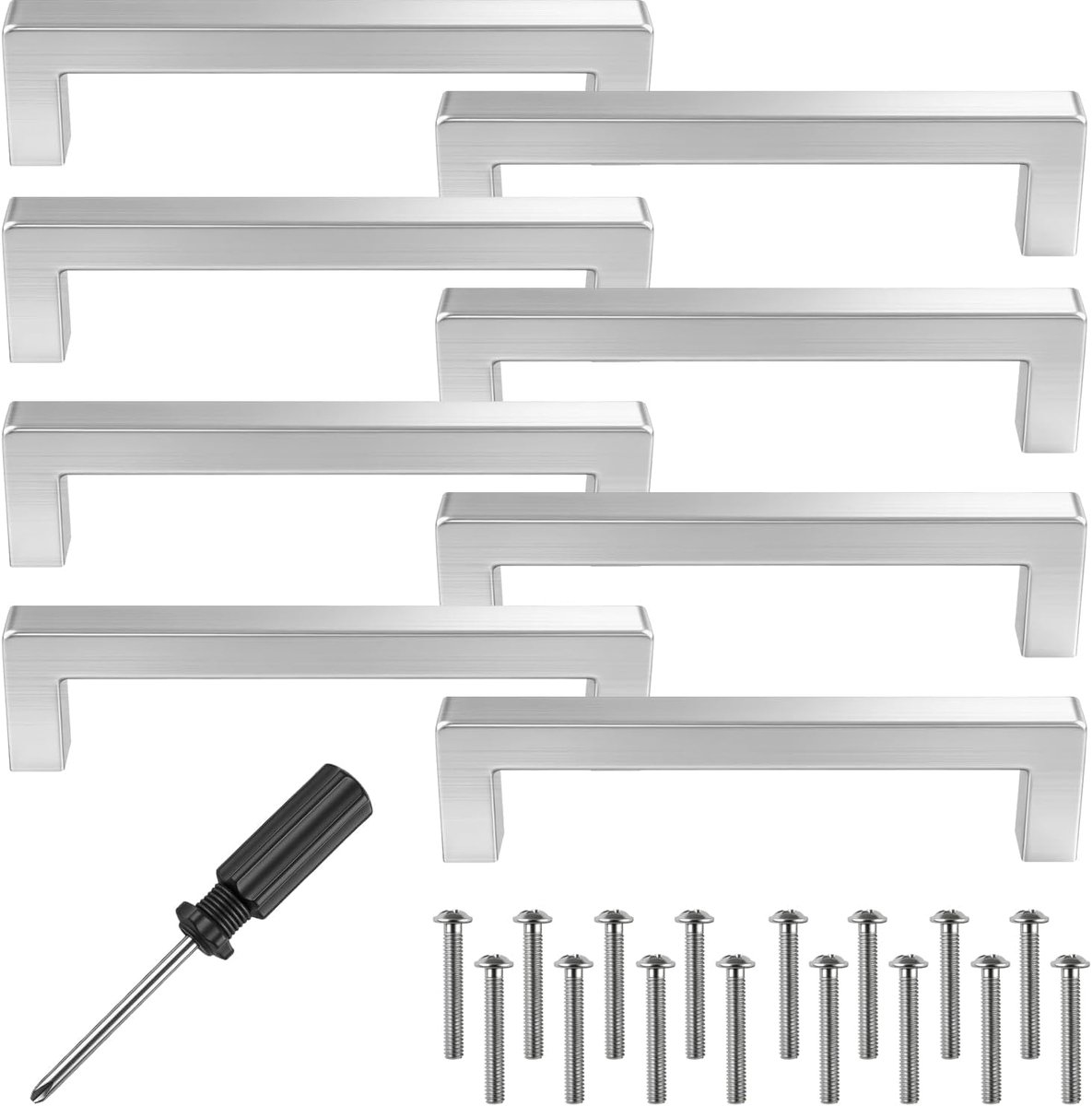zilverkleurig, roestvrij staal, deurknoppen, gatafstand, vierkante kastgrepen met schroeven en installatiegereedschap, voor lade (zilver, 160 mm), 8 stuks