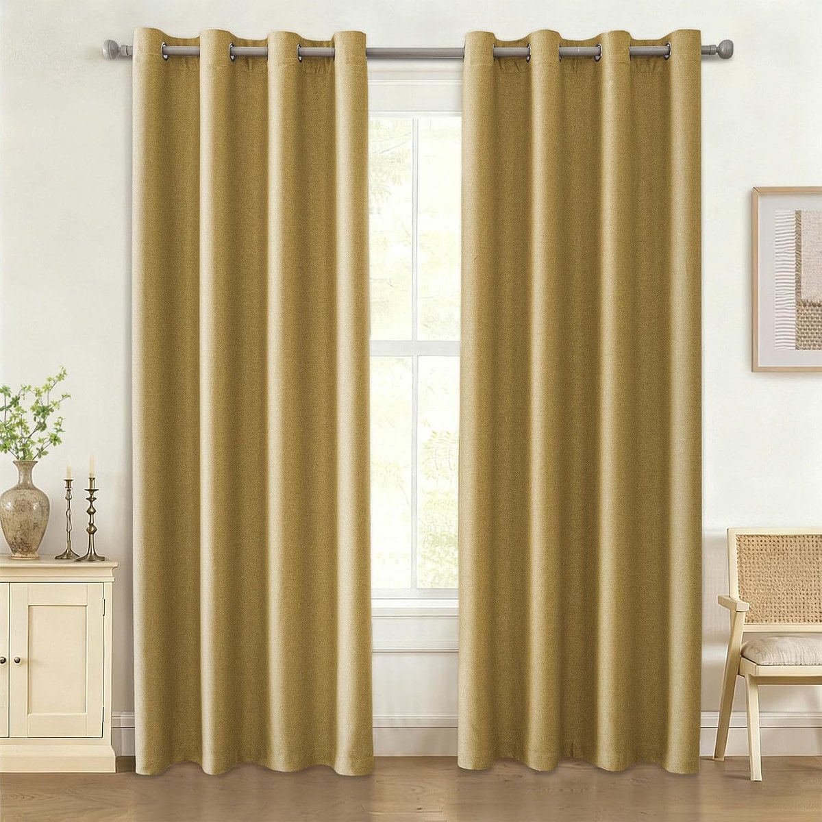 Thermisch Verduisteringsgordijn Set Van 2, Linnen Effect Gordijnen, Thermisch isolerend gordijn Anti Koude en Warmte, Thermisch Isolerend Gordijn, Woonkamer Gordijn, 140x180 cm, Geel