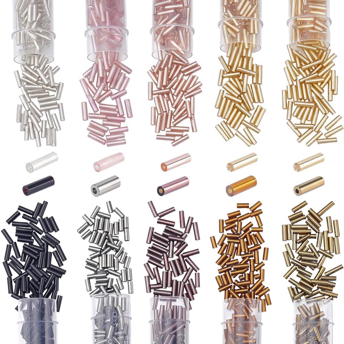 Kralen, 10 kleuren, lange buisvormige kralen, losse afstandhouders kralen, 3-6,5 mm lang, voor het maken van sieraden, doe-het-zelf handwerk