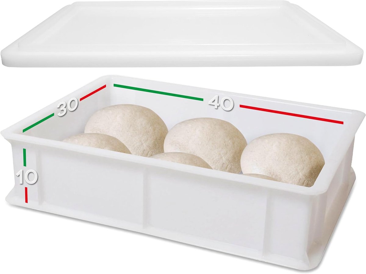 container en deksel voor gistdeeg, brood, pizza, container 12 l, wit, van polyethyleen, stapelbaar, geschikt voor levensmiddelen, gemaakt in Italië, 30 x 40 x 10 cm