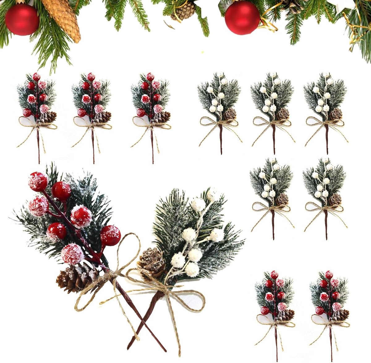 12 stuks kunstkerstbessen, dennentakken, kerstbessen, stelen, hulststelen voor kerstboom, doe-het-zelf krans, handwerk, wintervakantiedecoratie, 6 rood + 6 wit