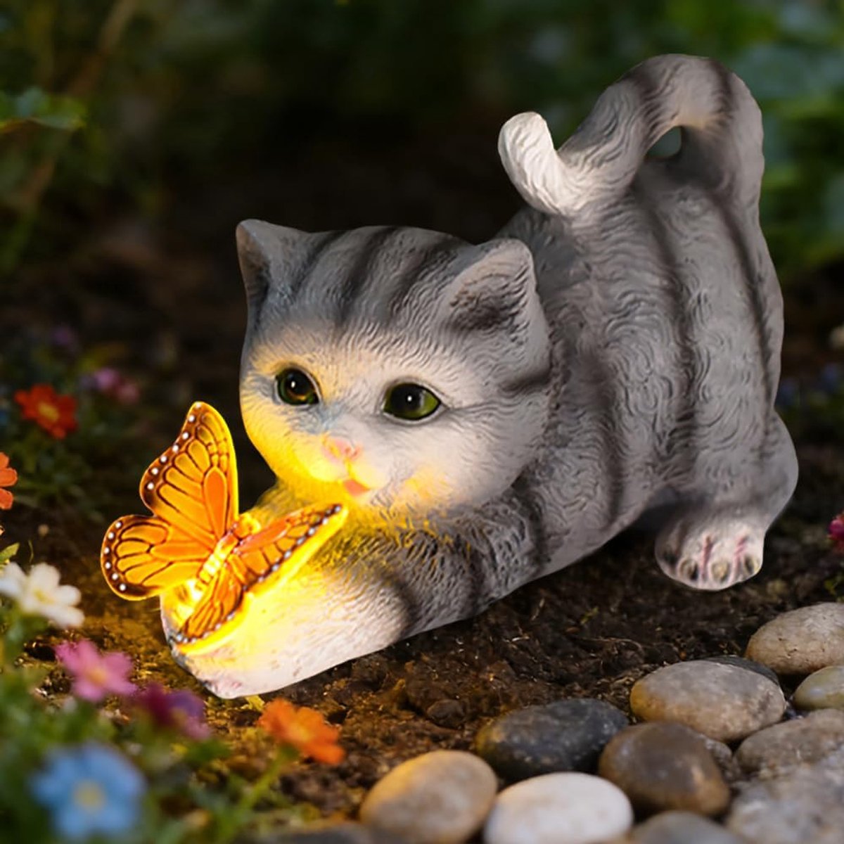 tuindecoratie, kattendecoratie met vlinderlicht, zonne-tuinsculpturen voor terras, balkon, veranda, gazon en binnenplaats, grijs