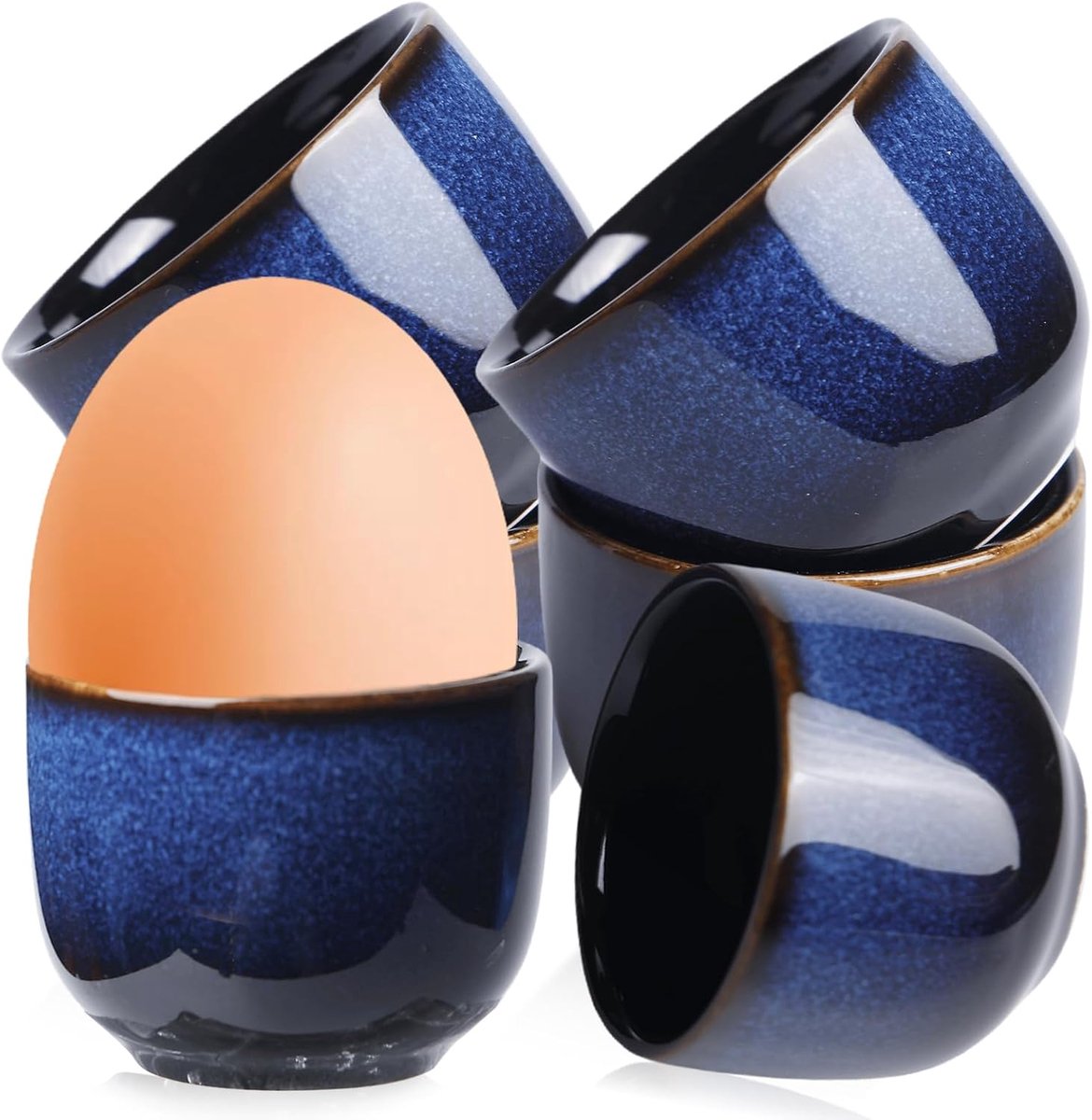 Set van 6 eierdopjes, porselein, keramiek, vintage blauw, overglaze, kleurrijke eierdopjes, porselein, eierhouder voor gekookte eieren, ontbijt, brunch diner, vaatwasmachinebestendig