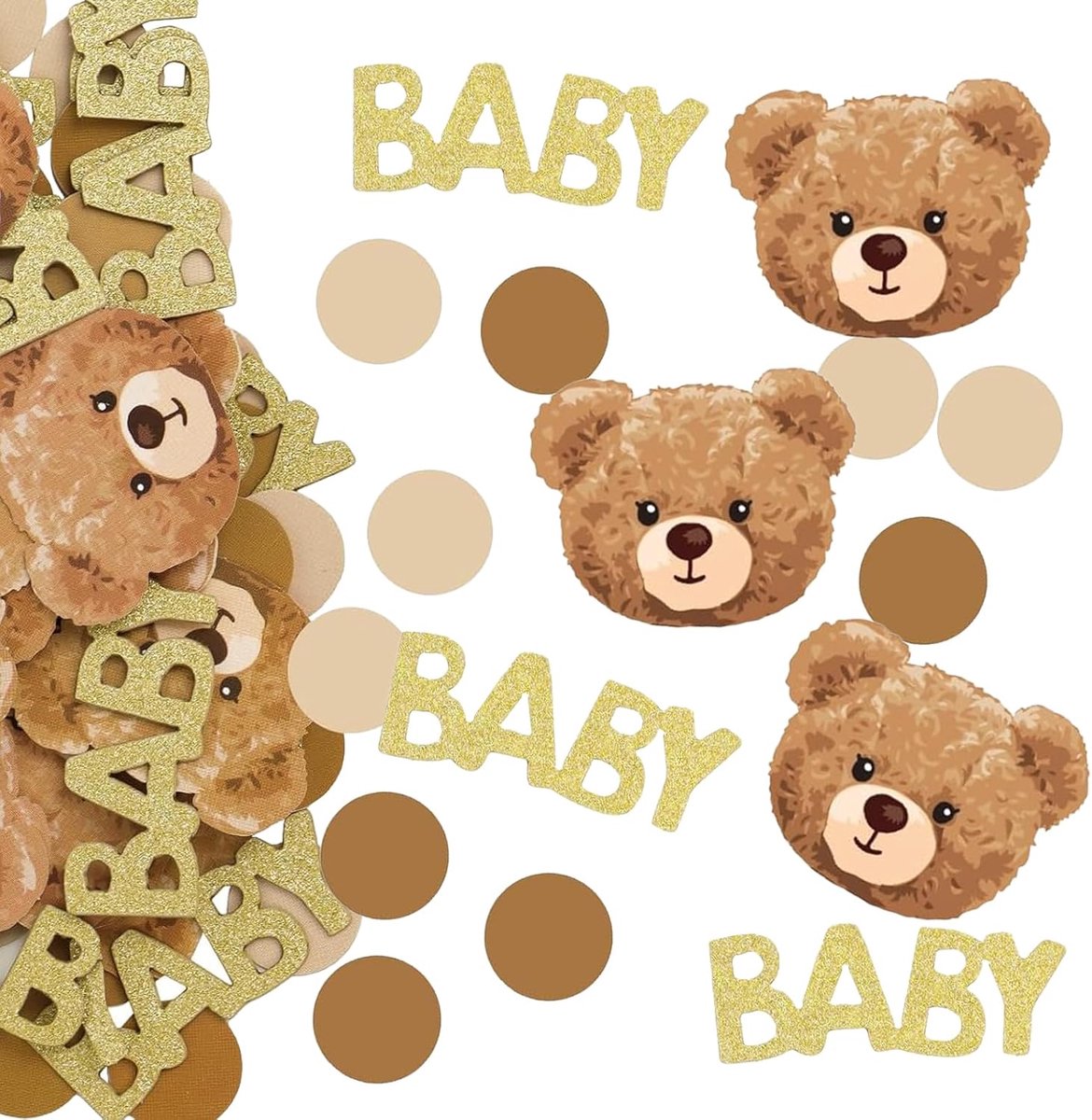 Confetti decoraties, gouden glitter letters en bruine stippen tafel confetti, tafel scatterdecoratie voor babyshower, geslacht onthullen baby geboorte feest