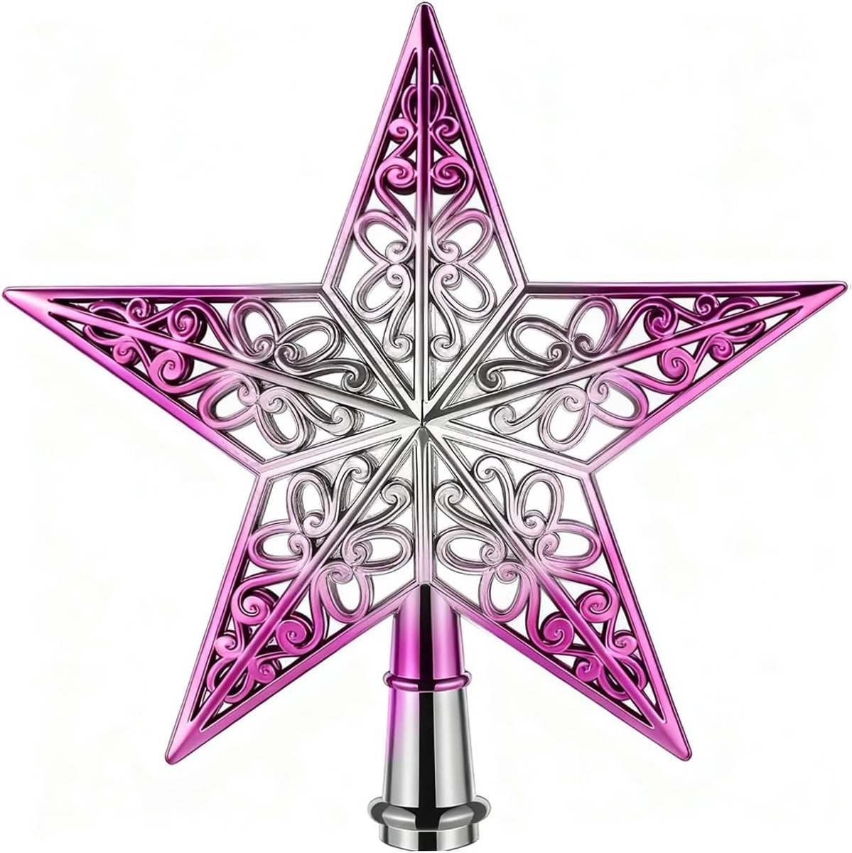 Kerstboompiek met ster, 20 cm, glinsterende kunststof kerstboompiek, lichte holle kerstboompiek in stervorm, perfecte feestdecoratie voor festival, feest, kerstboomversiering (zilver-paars)