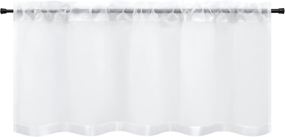 schijvengordijn Voile bistrogordijn met satijnen band, korte stores, tunnelkoord, gordijnen voor in de keuken, voorhang met opgenaaid satijnen band als borduurwerk, wit, BxH 90x45 cm