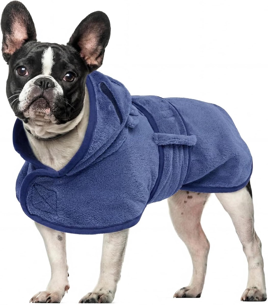 Droogjas voor honden, badjas voor het drogen van honden, handdoeken voor middelgrote honden, microvezel hondenbadjas super absorberend met capuchon en verstelbare buikbandjes voor Frenchie